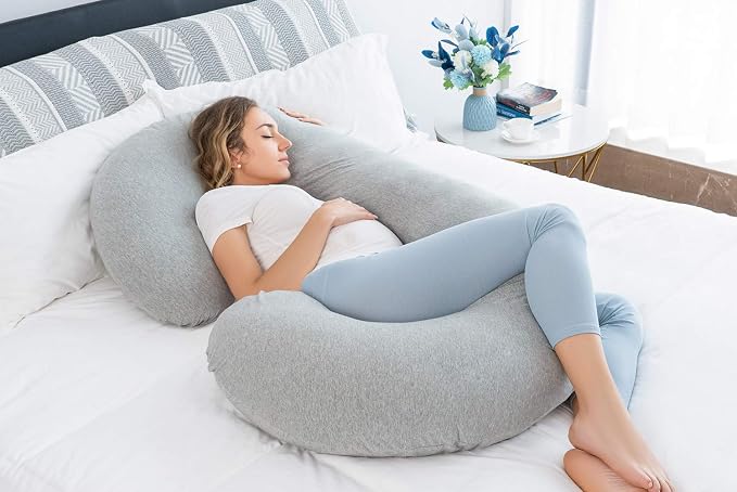 INSEN Pregnancy Pillow for Sleeping, Maternity Pillow with Jersey Cotton Cover,C Shaped Body Pillow for Pregnant (Natural Gray)