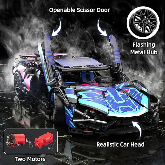 1280-piece RC Car Model Kit with Dual-Mode Play - Build a Remote Control Car, Featuring Scissor Doors and Functional Hood for STEM-savvy Teens and Hobbyists