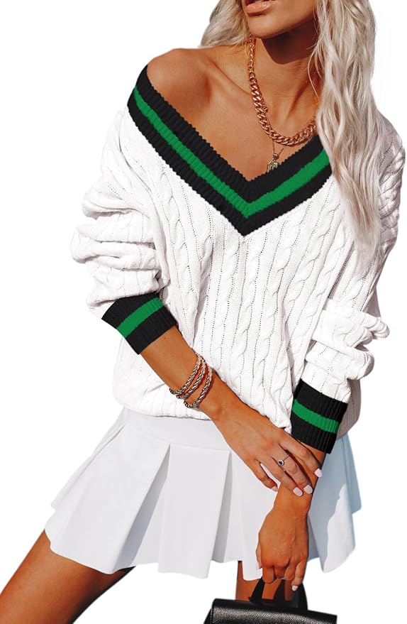 Aoudery Womens V Neck Oversized Sweaters Long Sleeve Cable Knit Pullover Striped Chunky Sweater Casual Tennis Tunic Tops