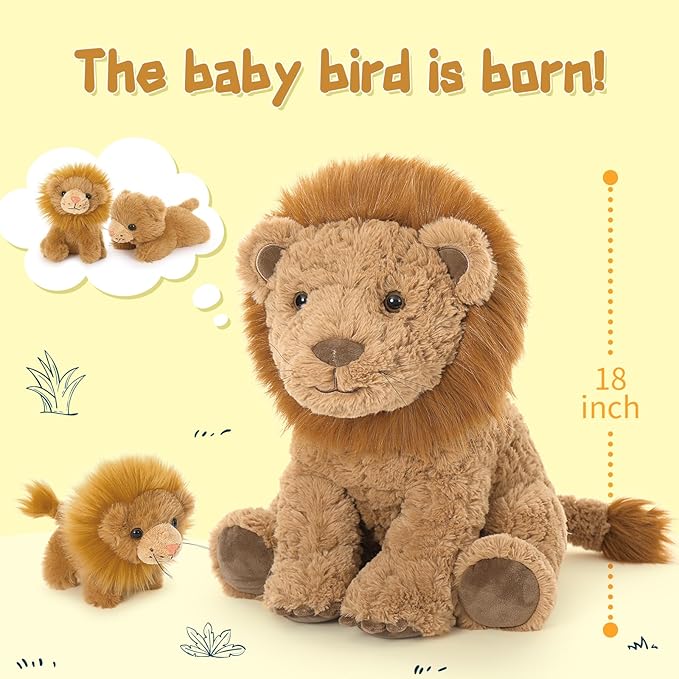 Tezituor 4 Piece Lion Plush Set 17.7 Inch Large Lion Stuffed Animals, Back Zipper Unzip Inside 3 Cute Little Lions, Soft Cuddle Lion Plush Boys Girls Birthday Gift Forest Party Decoration