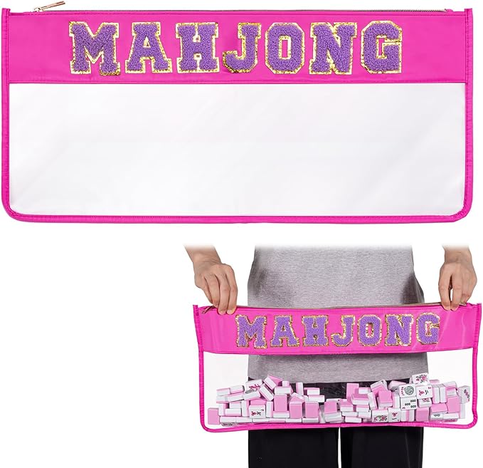 Empty Mahjong Tile Bag with Zipper, PVC Clear American Mahjong Storage Holder with Letter Embroidery for Game Lover Party Travel - Case Only