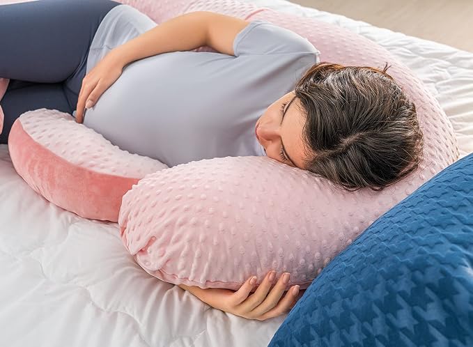 QUEEN ROSE Pregnancy Pillows - E Shaped Pregnancy Pillows for Sleeping, Detachable Body Pillow for Pregnant Side Sleeper, Pink Velvet, 60in