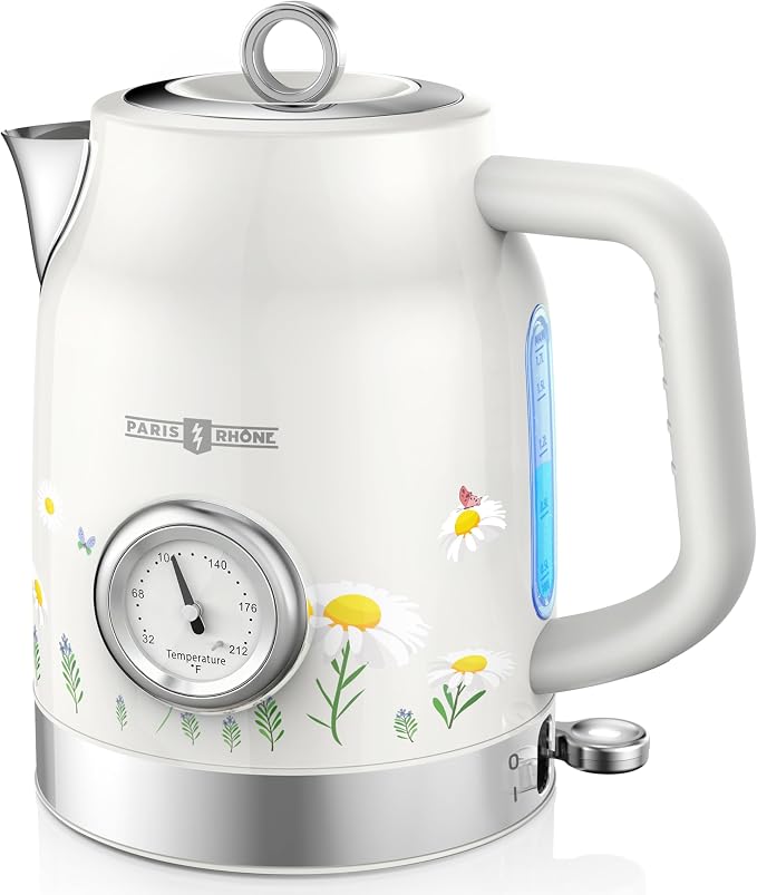 PARIS RHÔNE Retro Stainless Steel Electric Kettle, 1.7L Cordless Hot Water Tea Kettle with Thermometer, 1500W Fast Heating, LED Indicator, Auto Shut-Off & Boil Dry Protection