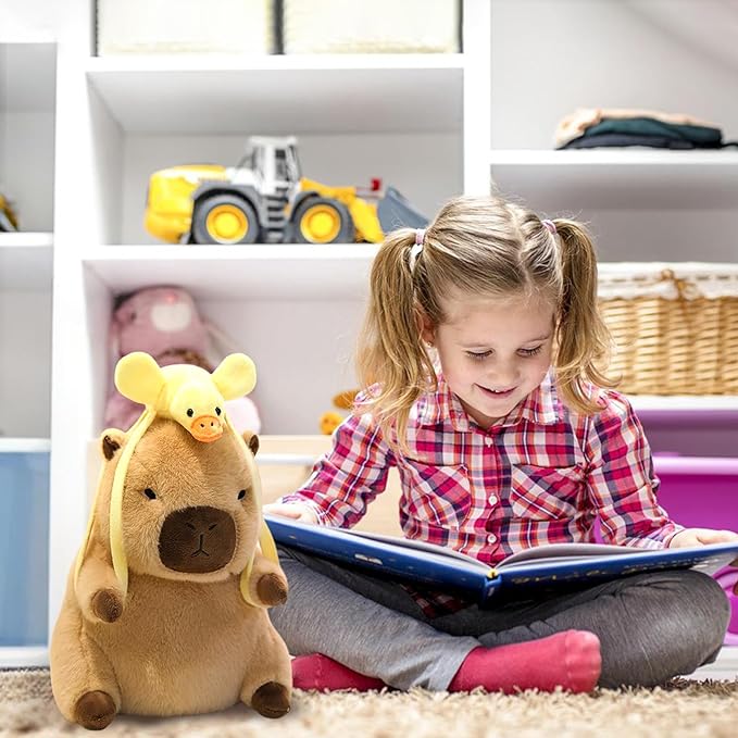 Ditucu Capybara Plush with Yellow Duck Backpack 7.8 inch Cute Capibara Stuffed Animal Soft Plushies Toys Gifts for Kids Brown