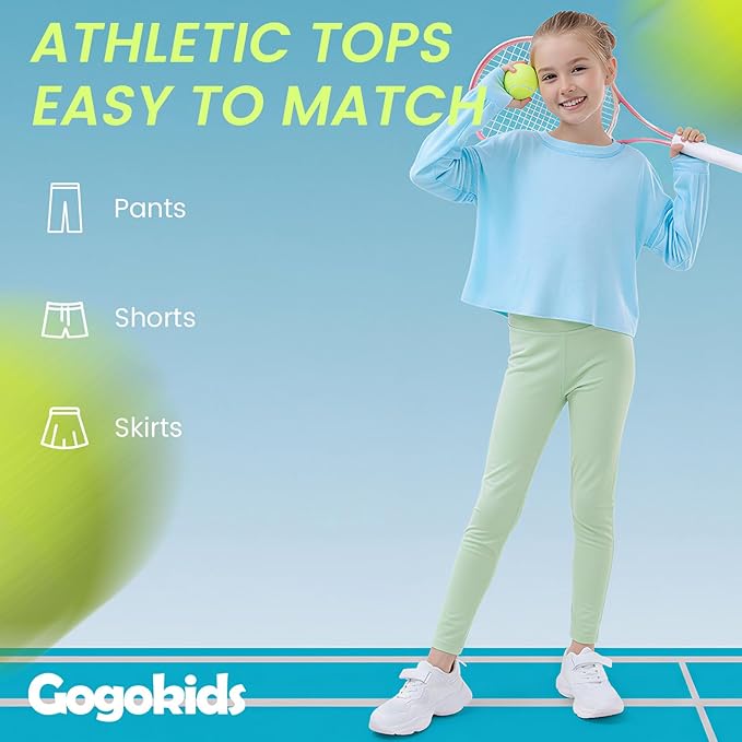 Gogokids Girls Shirts Long Sleeve Athletic Shirts Open Back Tops Active Sports Tshirts Yoga Workout Crop Tees 5-14 Years