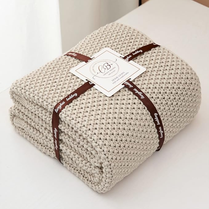 Chunky Cable Knit Throw Blanket Lightweight Beige 100% Organic Cotton Blanket for Sofa Couch Bed Baby Nursery, Rustic Shabby Chic Modern Farmhouse, 51” x 63” Give Laundering Bag