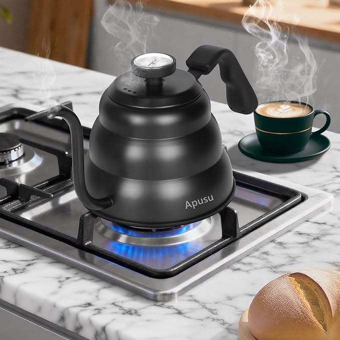 Pour Over Kettle for Manual Drip Coffee and Tea with Thermometer 28oz Gooseneck Kettle with Flow Control Stainless Steel Water Kettle for Stovetop,800ml,4 Cup,Black,1Pack