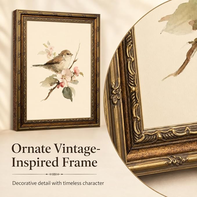 Gold Framed Bird Wall Art, Vintage Sparrow and Blossoms Canvas, 12x16in | Beige sparrow artwork with neutral vintage style for bedroom, nursery, kitchen, classroom, hallway, or living room.