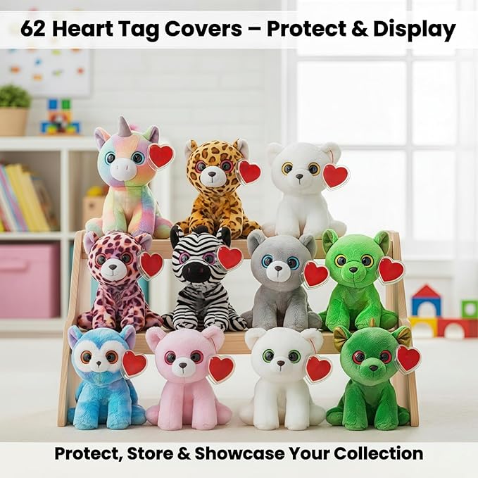 Beanie Baby Heart Tag Protectors 62 Pack – Clear Plastic Tag Covers for Ty Beanie Babies, Boos & Buddies – Heart Shaped Hang Tag Sleeves, Durable Scratch-Resistant Collector Storage Protectors