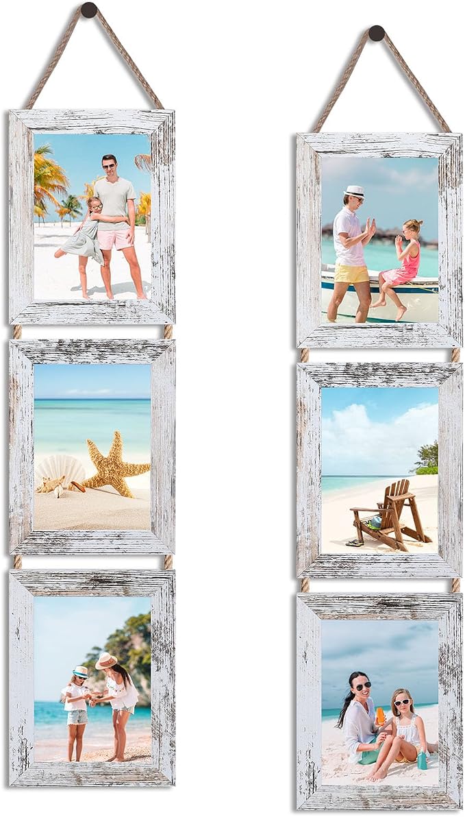 QUTREY 5x7 Collage Picture Frames, 6 Openings Hanging Photo Frame Set Display Vertical 5 by 7 inch Pictures for Wall Decor, Distressed White, 2 Pack