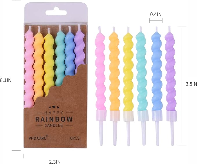 PHD CAKE 36-Count Rainbow Spiral Birthday Candles with Holders, Party Candles, Cake Candles