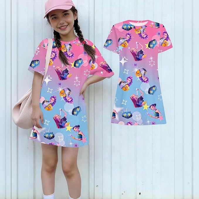 Girl's Anime K-POP Graphic Long Dress T-Shirt - Casual Loose Fit Short Sleeve Top
