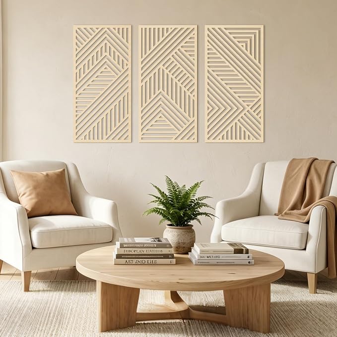 IARTTOP Large Boho Wood Wall Art 16x32 Inch Mid Century Modern Wooden Wall Decor Minimalist Abstract Geometric Artwork for Living Room Office Set of 3