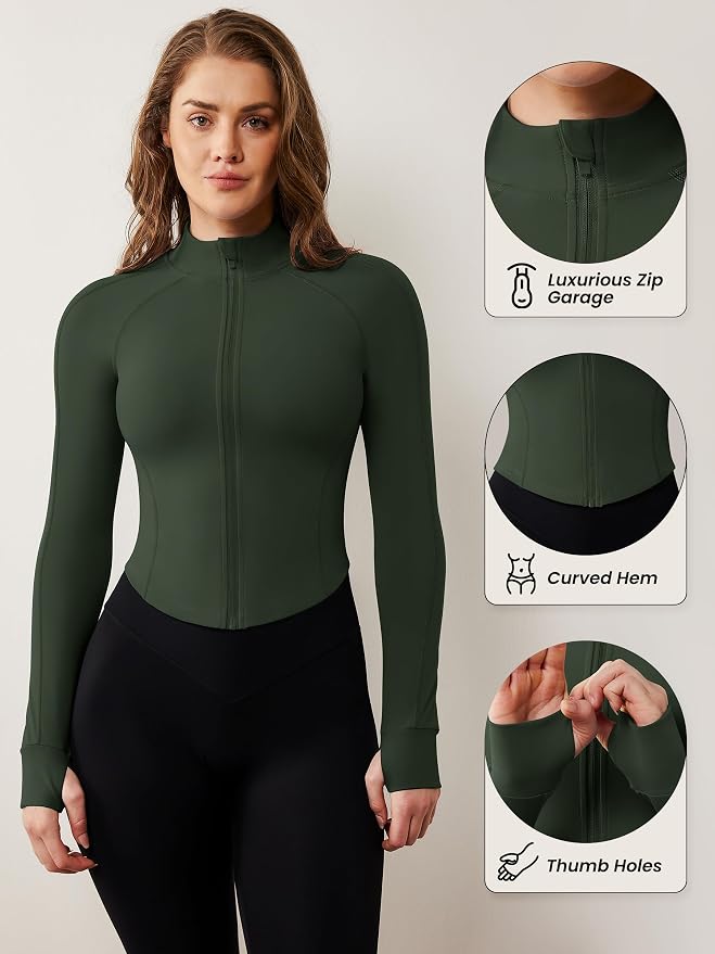 AVGO Women's Workout Jacket Lightweight Zip Up Cropped Yoga Jackets Slim Fit Athletic Tops with Thumb Holes