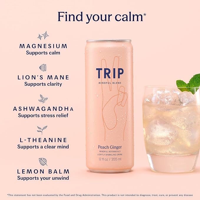 TRIP Lightly Sparkling Adaptogen Drink, Non Alcoholic Drink with Magnesium, Ashwagandha, Lions Mane & L Theanine, No Added Sugar Mocktail, Vegan, Peach Ginger, 12 Oz, 12Pk