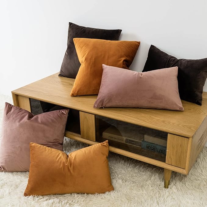 12x20 Throw Lumbar Pillow Covers Decorative Cushion Covers Set of 2,Coffee | Soft Velvet Pillow Cases with Invisible Zipper for Modern Couch Sofa Bed Living Room Bedroom Home Decor