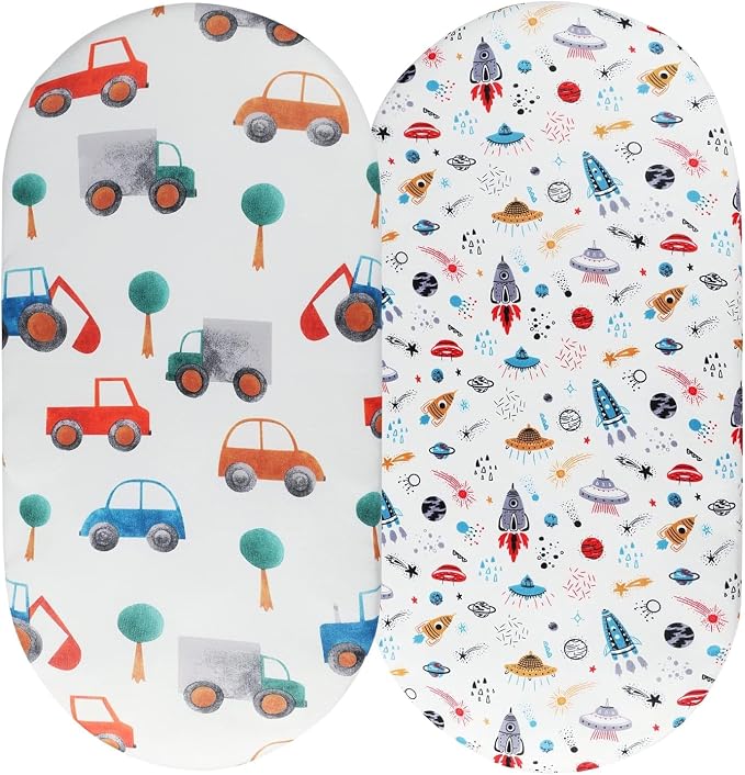 Pack n Play Sheet Stretchy Fitted Portable Mini Crib Sheets Set 2 Pack,Playard Sheets Convertible Playard Mattress Cover,Ultra Soft Jersey Material, Rocket & Car