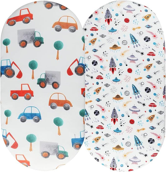 Pack n Play Sheet Stretchy Fitted Portable Mini Crib Sheets Set 2 Pack,Playard Sheets Convertible Playard Mattress Cover,Ultra Soft Jersey Material, Rocket & Car