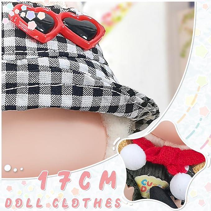 Doll Clothes for 17cm Dolls, Cute Outfit Set with Accessories, Bucket Hat and Overalls (No Doll) (Green Overalls Set)