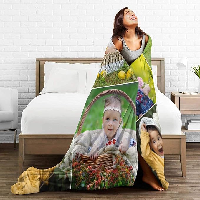 QETXVI Custom Blanket with Photos Text Customized Blanket Personalized Flannel Throw Blankets for Adult Kid Birthday Christmas Halloween Fathers Mothers Valentines Gift - 60"x 80"