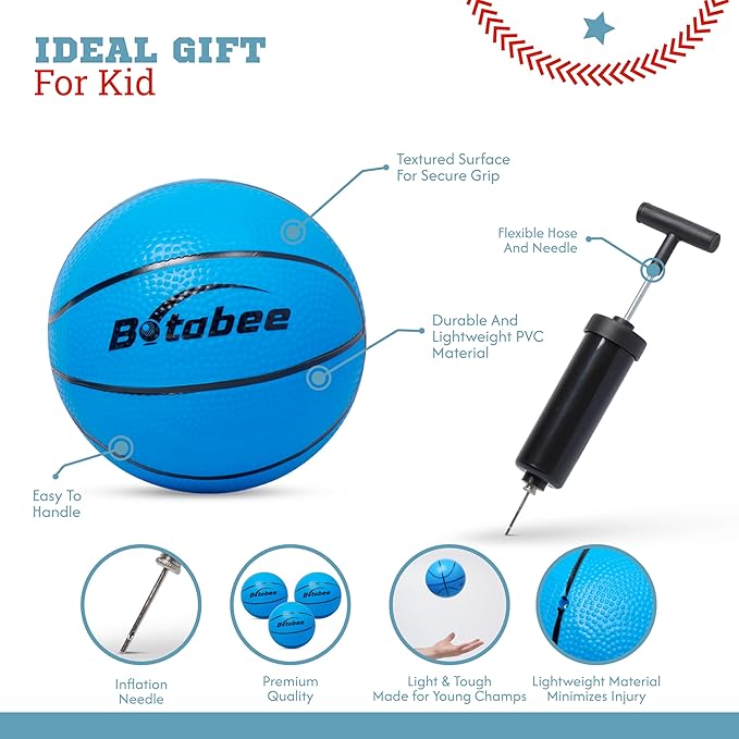 Botabee Mini Basketball Set of 3 with Manual Pump - Toddler Basketballs for Little Tikes Hoops - Soft Durable PVC for Indoor and Outdoor Play - Easy Inflation - Blue