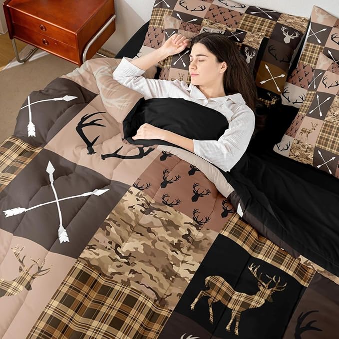 Feelyou Hunting Camo Deer Comforter Set with Sheets 7 Piece Queen Size Rustic Western Farmhouse Bedding Set for Kids Boys Girls Wildlife Animal Bed in a Bag Camouflage Hunter Room Decor Soft