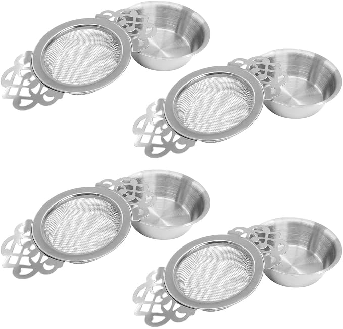 Waziaqoc 4 Pack Tea Fine Mesh Tea Strainers with Bowl, Stainless Steel Loose Leaf Tea Filter for 2.5-4 Inch Cup Mouth, Silver