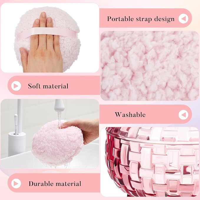 Tioncy 2 Pcs Extra Large Dusting Powder Puff and Container for Women-6'' Glass Crystal Dusting Powder Container with Body Soft Washable Reusable Velour Face(Pink,Weave Design)