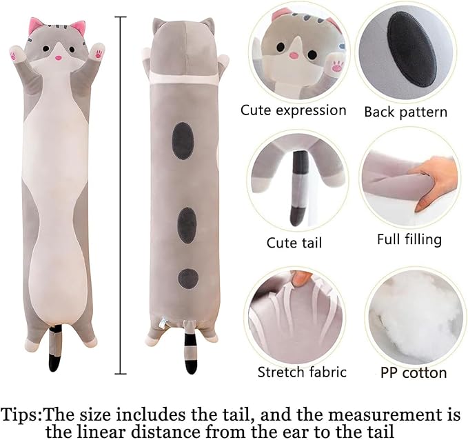 Long Cat Plush Pillow Soft Cat Hugging Pillow Stuffed Animal Pillow Cute Kitty Sleeping Throw Pillow Gift for Kids(150cm/59.05inch,Gray
