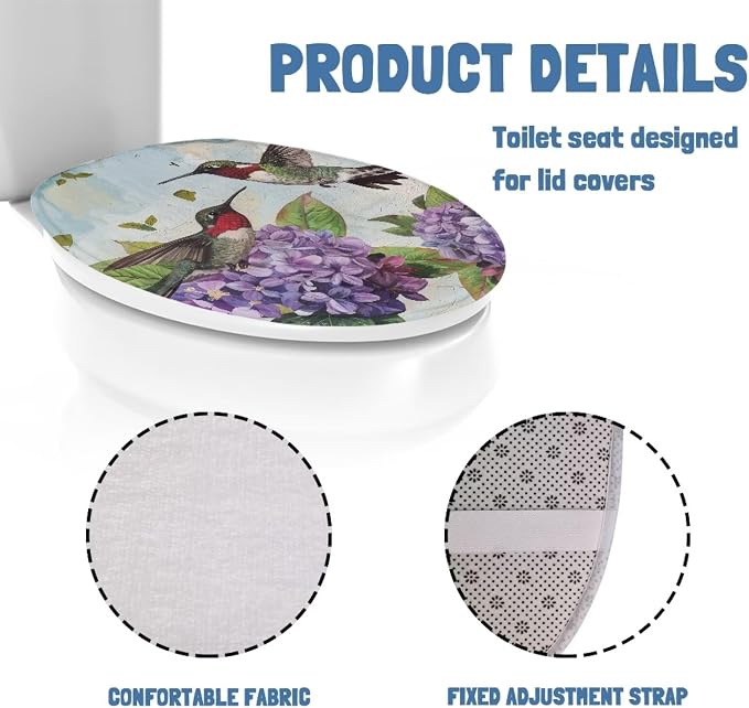 Hummingbird and Hydrangea Toilet Seat Cover, Suitable for Most Round and Elongated Toilet Lid, Soft Flannel and Dustproof Toilet Lid Cover