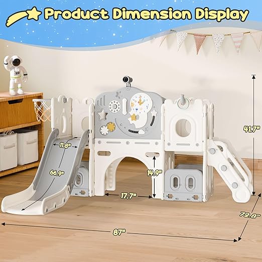 BIERUM 12 in 1 Toddler Slide, Astronaut Themed Baby Slide for Toddlers Aged 1-3, with Astronaut, Moon, Cloud, Star, Phone Call Design, Basketball Hoop and Ring Toss, Toddler Playset Beige Gray