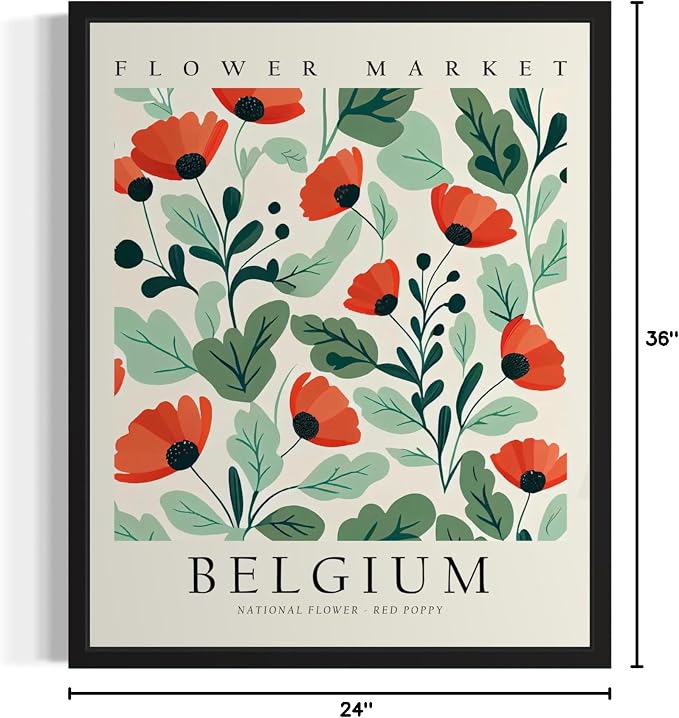 Belgium, Red Poppy Art Print Poster, Flower Market Wall Art, Floral Artwork Decor for Bedroom, Kitchen, Bathroom, Livingroom Decoration 52 (Belgium, Red Poppy, 36"L x 24"W, Unframed)