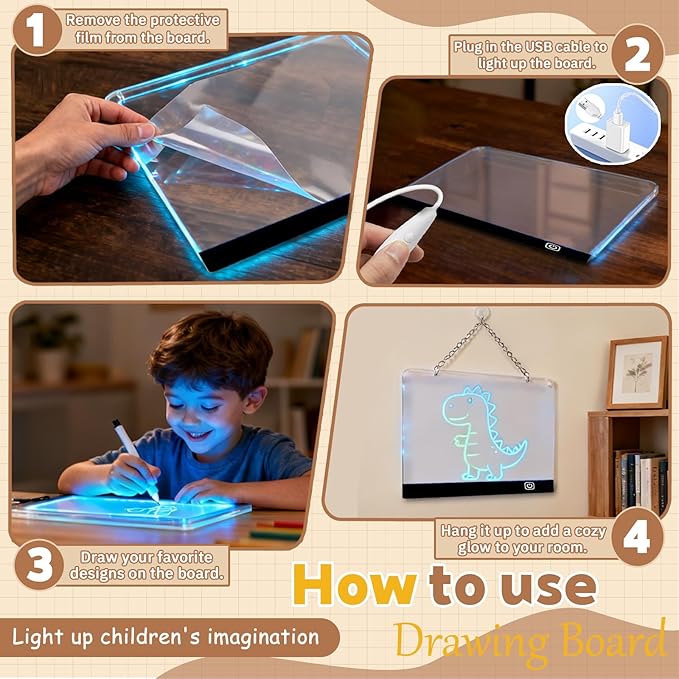 2026 2 Pack Battery Powered LED Drawing Board for Kids Ages 6+, 13.7" x 10" Light Up Dry Erase Boards with Colors, 7 Color Modes, Stand, Markers, Spray Bottle & Italian Brainrot Tracing Booklet