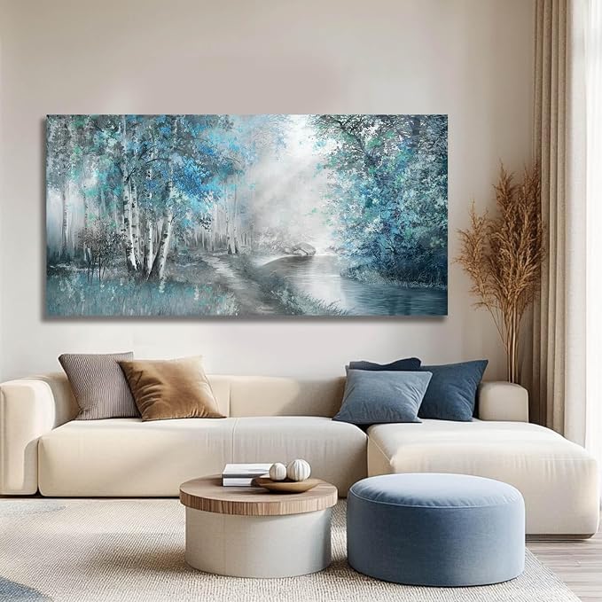 SOUGUAN Canvas Art Wall Decor Large Artwork for Wall Blue Wall Decor for Living Room Forest Pictures Botanical Prints Landscape Arts 24”x48”