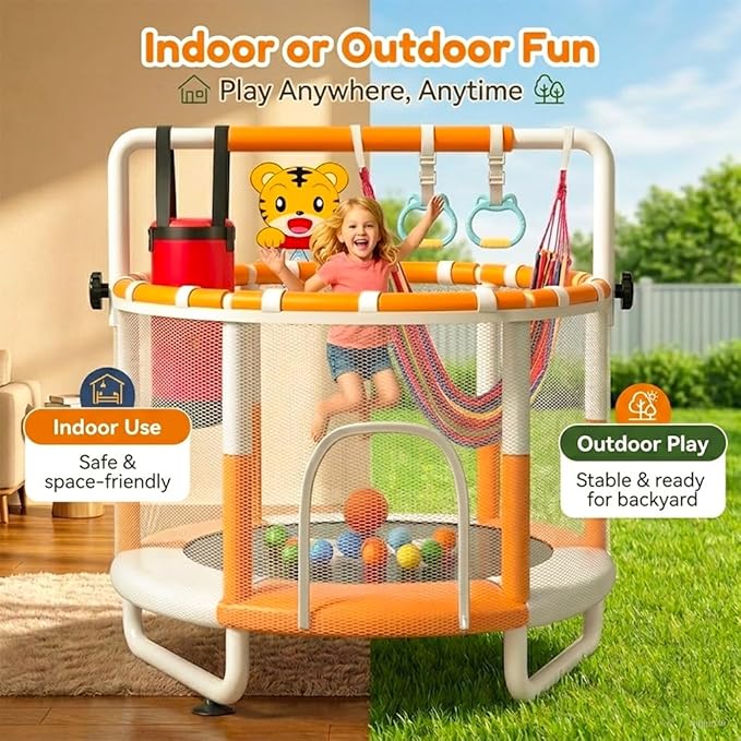 55" Kids Indoor Trampoline with Safety Net, Adjustable Gymnastics Bar & Toys – Indoor/Outdoor Toddler Play Gym for Boys & Girls Ages 3+, Birthday Gifts