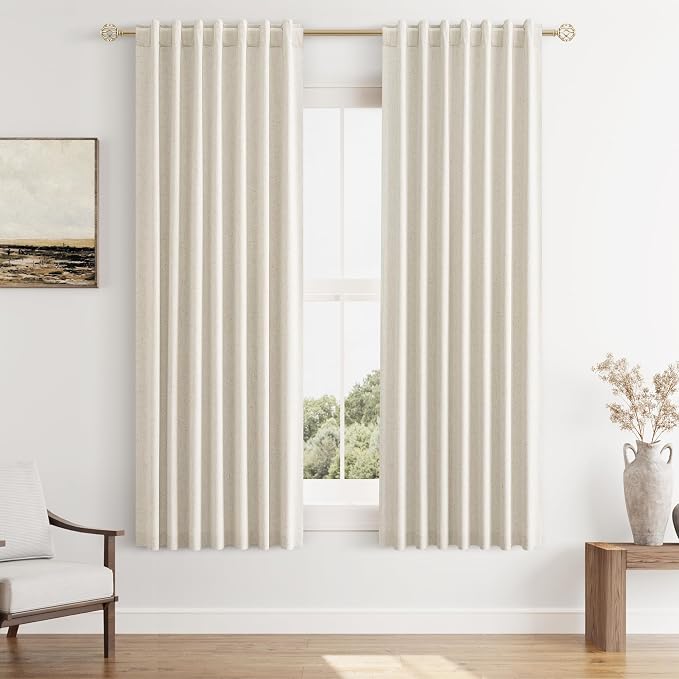 Guken 100% Blackout Linen Curtains 63 Inch Length 2 Panels Set for Living Room Bedroom Back Tab Thermal Insulated Black Out Drapes Room Darkening Farmhouse Style for Bedroom Window Curtains 52x63