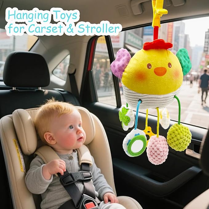 Baby Hanging Toys, Plush Animal Stuffed Sensory Toys for Carseat Stroller Car Seat Crib Play Gym, Baby Toys for 0 3 6 9 12 Months, Baby Boys and Girls Gift (Chick)