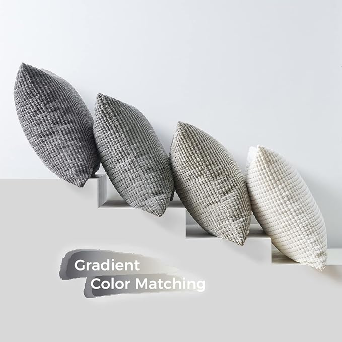 Topfinel Grey Couch Pillow Covers for Living Room 45x45 cm Set of 4,Mid Century Modern White Neutral Corduroy Corn Throw Pillows,Rustic Square Bench Chair Cushion(18 Inch/Grey)