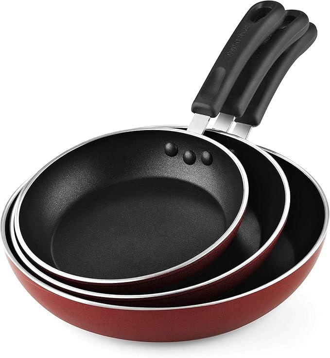 Cook N Home Professional 8/9.5/11 Inch Nonstick Frying Pan Set, Kitchen Cooking Skillets Saute Fry Pan, Induction Compatible, 3-Piece, Red
