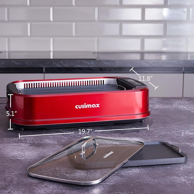 Indoor Grill, CUSIMAX Smokeless Grill Indoor, Electric Griddle, 1500W, Red | with Smart LED Display & Tempered Glass Lid, Non-stick Removable Plate & Griddle Plate, Adjustable Temperature, Easy Cleanup