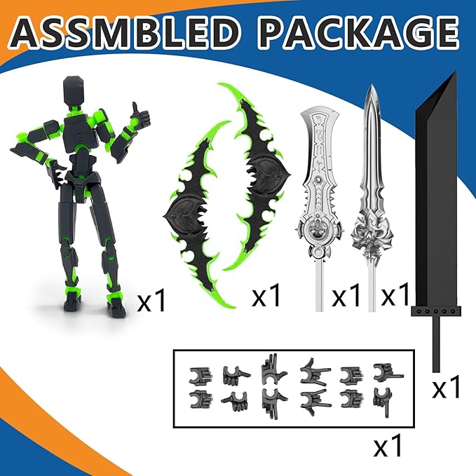 Assembled Lucky 13 Action Figures, Titan 13 Action Figure,3D Printed T13 Action Figure Multi-Jointed Movable, Dummy Hand Painted Figure, Desktop Decorations Game Gifts, (Black-Green)