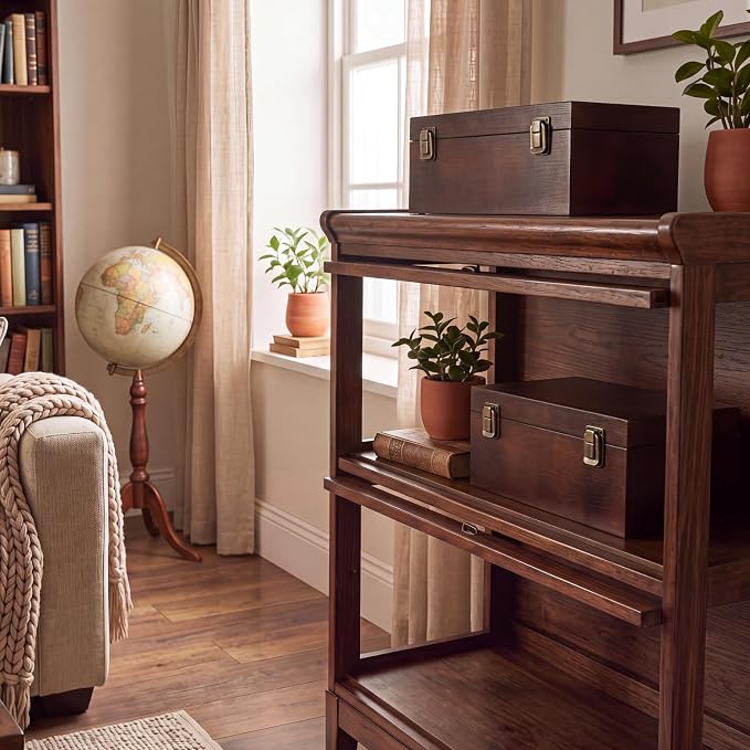 Sliner 2 Pcs Wooden Decorative Storage Boxes with Lids Vintage Wood Organizer Bins for Your Bookshelf Home Decor Safely Store Photos Documents Memory Jewelry Craft Storage (Dark Brown,S M Size)