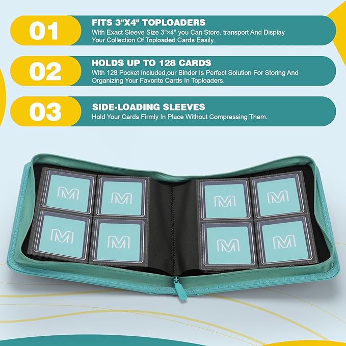 Toploader Binder,4-Pocket Side Load Trading Card Album, Holds 128 Cards with Double-Sided Pockets for MTG, Sports Cards, Top Loader Storage