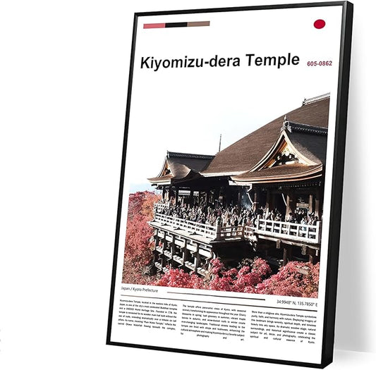 Poster Kiyomizu-dera Temple Wall Art Original Design(30"x20" Golden Frame) Kyoto Japan Pagoda Print Autumn Red Maple Leaf Landscape Scenery Buddhist Shrine Zen Culture Travel Landmark Series Picture