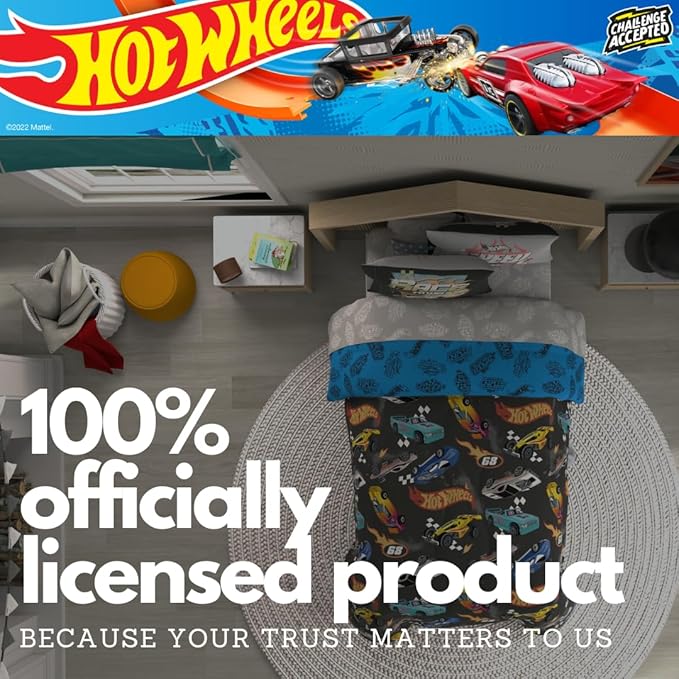Hot Wheels Kids Bedding Super Soft Comforter and Sheet Set with Sham, 5 Piece Twin Size, (Officially Licensed Product) By Franco