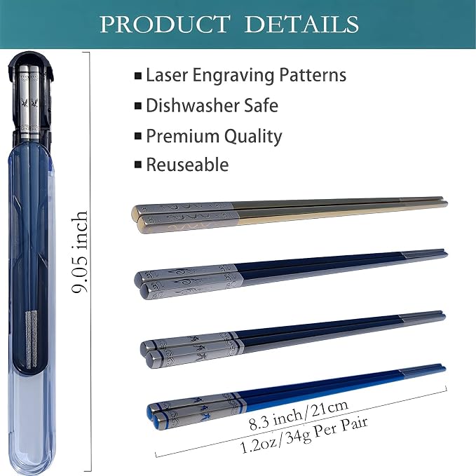 Chopsticks Reusable Metal Stainless Steel, Golden Dragon Black Phoenix | Titanium Plated, With Case, Dishwasher Safe, For School Home Office Outdoor Bento Box