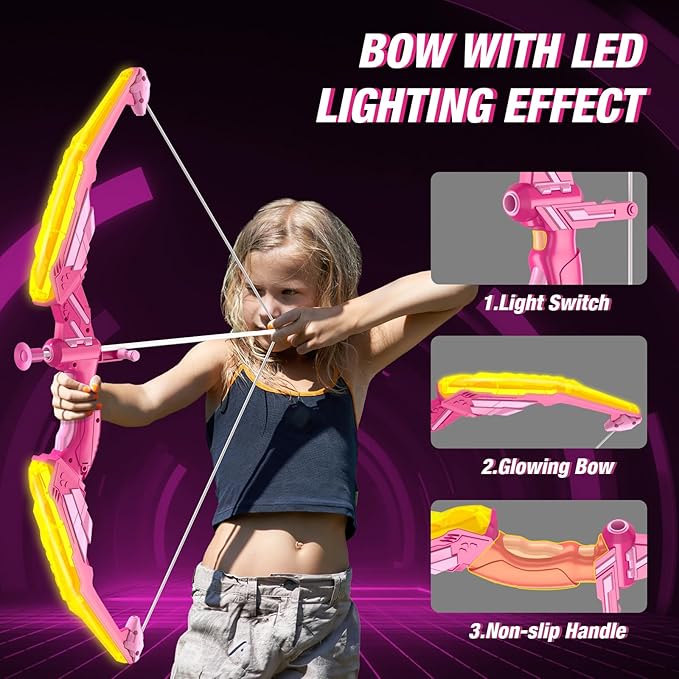 2 Pack Bow and Arrow for Kids 4-6, LED Light Up Archery Set with 24 Suction Cup Arrows, 1 Standing Target, 6 Score Targets & 2 Quiver, Indoor Outdoor Sport for Girls Ages 8-12