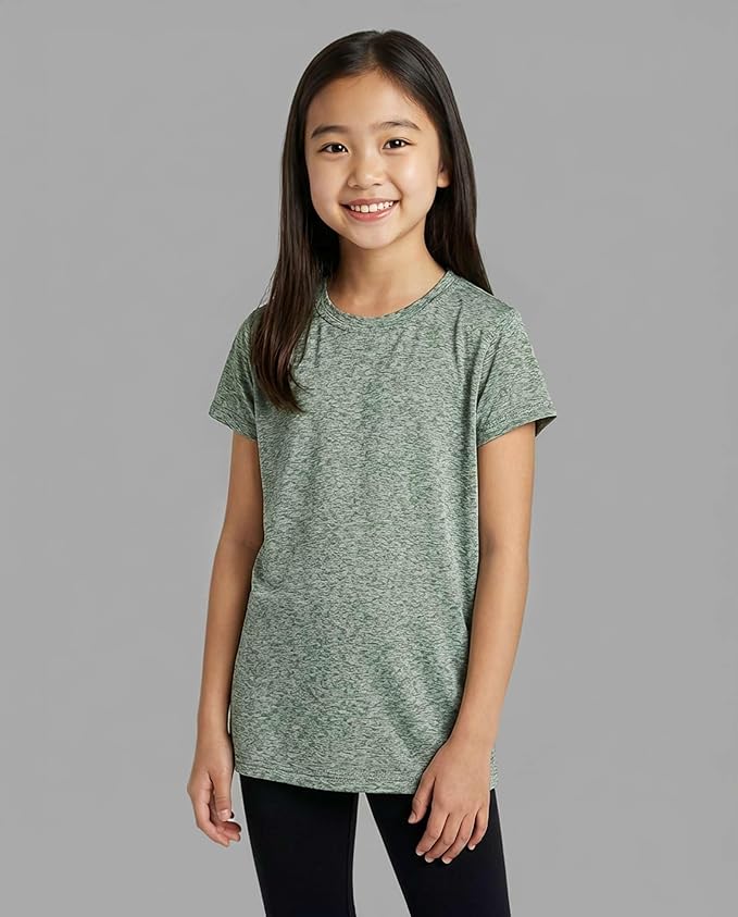 Real Essentials 5 Pack: Girls' Short Sleeve Dry-Fit Athletic T-Shirt - Active Gym Crew Neck Tops for Teens Kids (Ages 4-16)