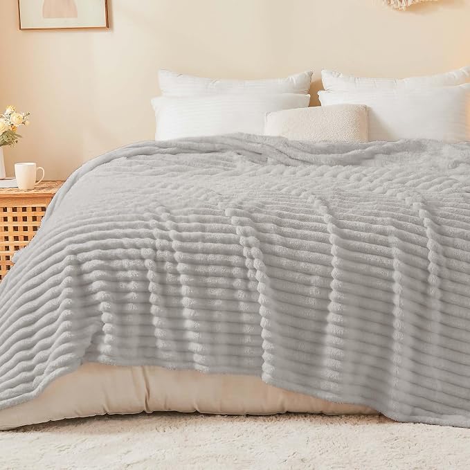 BEDELITE Ribbe Blankets Queen Size for Bed, Light Grey, 90"x90" | Ultra-Soft Plush Fleece, Warm Yet Lightweight, Ribbed Texture, Home Decor, Machine Washable, Giftable, All-Season Use