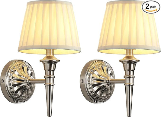 KDG Cordless Nickel Wall Sconces Set of 2, Beige Fabric Lampshde Wall Lamps | Small LED Wireless Portable Rechargeable Battery Lighting for Wall Painting, Living Room, Bedroom, Hallway, Gifts, Nightlight